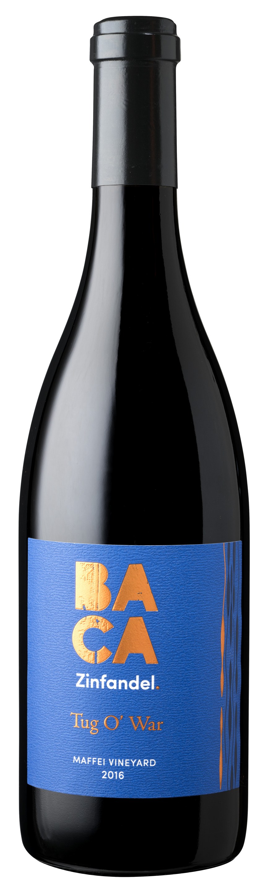 A bottle of BACA Tug O’ War Zinfandel, the stacked mark in orange on a cobalt label