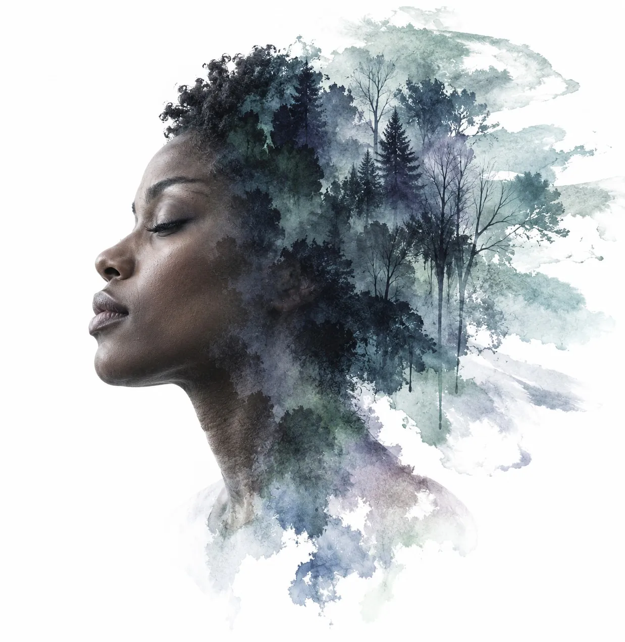 A woman’s profile, eyes closed, dissolving into navy ink and pines