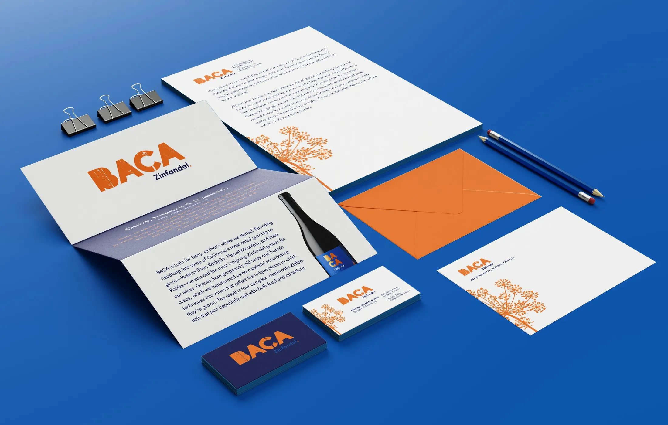 BACA stationery on blue: letterhead, envelopes and business cards with the orange mark