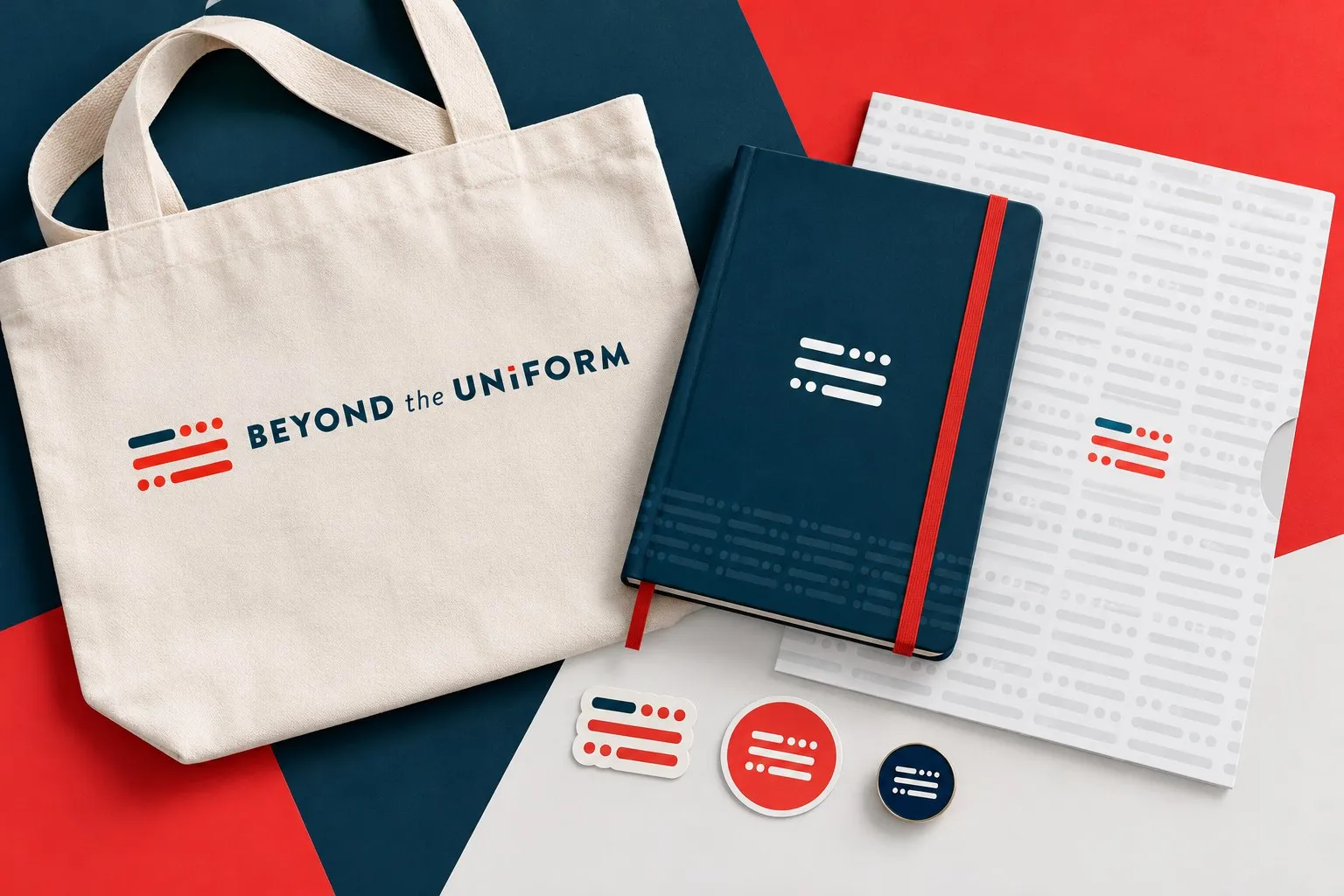 A workshop kit: a canvas tote, a navy notebook, buttons and stickers