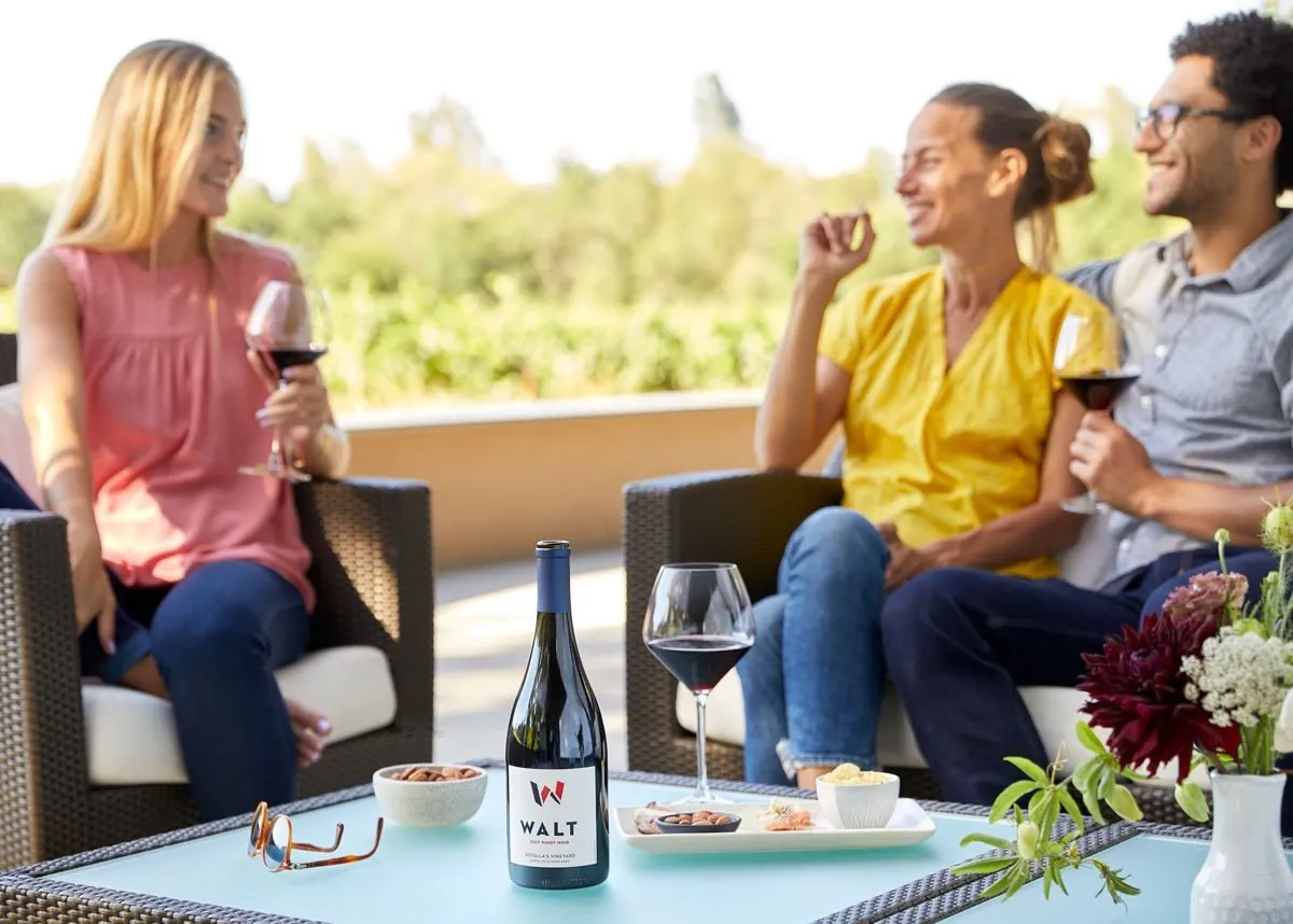 Three friends sharing a bottle of WALT on a sunny patio