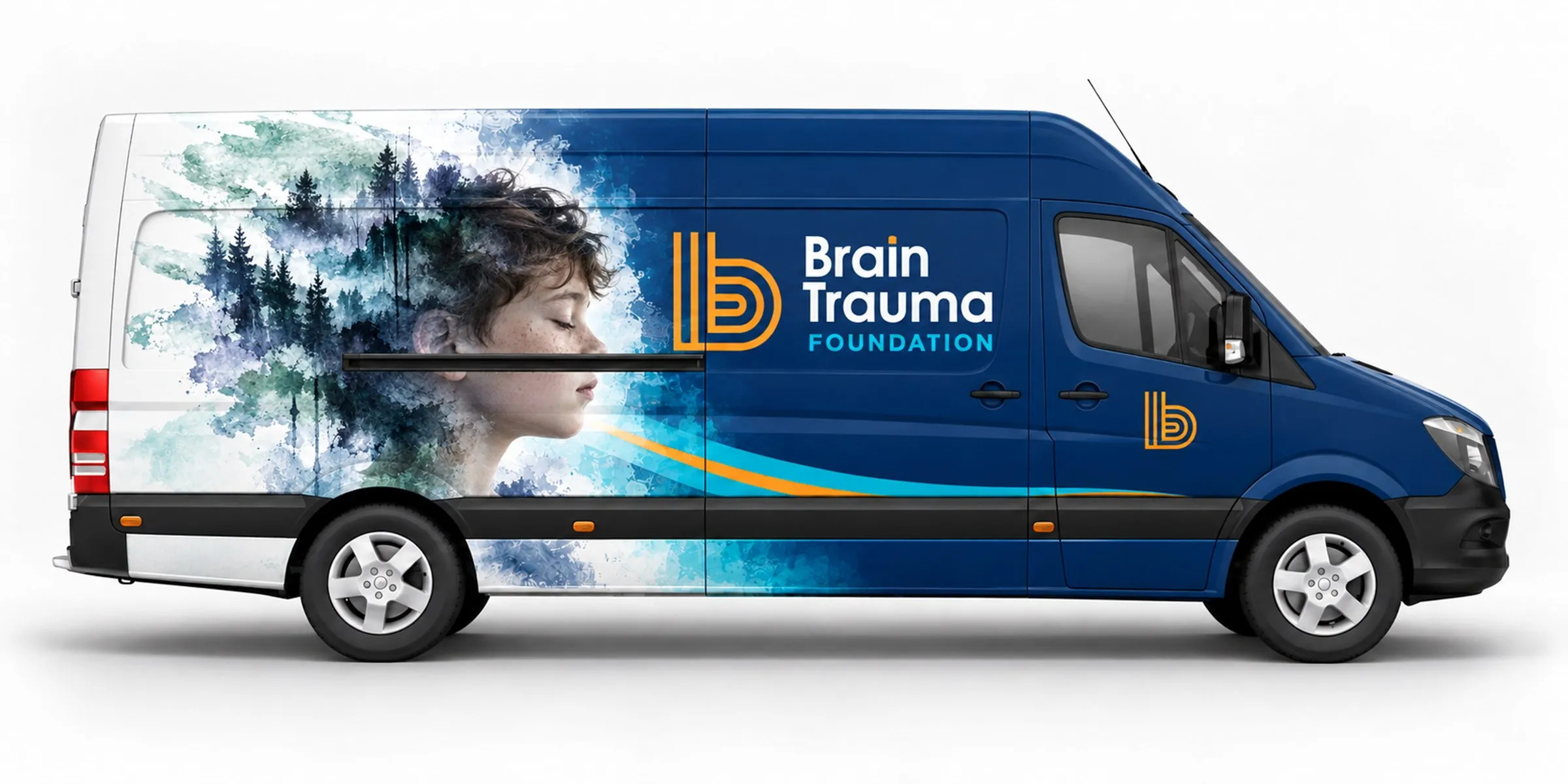 The outreach van shared with Stanford Medicine in two wraps: a child’s profile dissolving into watercolor pines along the side, and (click to swap) navy with orange and sky blue stripes and the logo