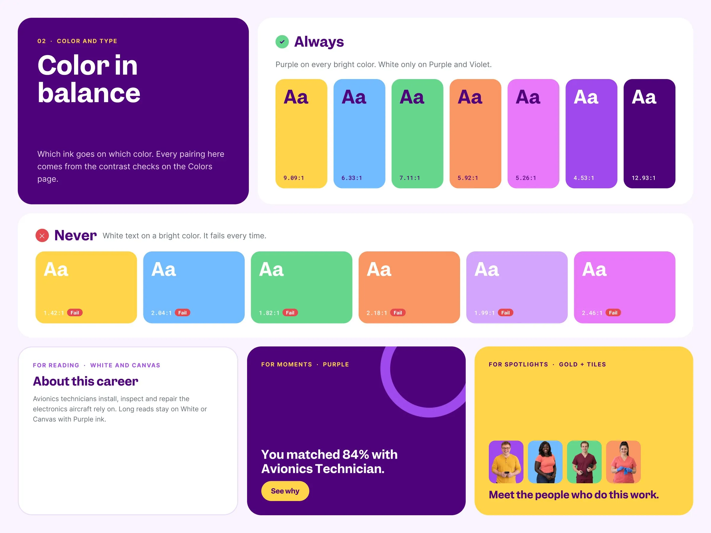Spread 10 of the Loudly Likable brand guide, Color in Balance: purple text on every bright color, white text only on Purple and Violet, never white text on a bright color, each with its contrast ratio.